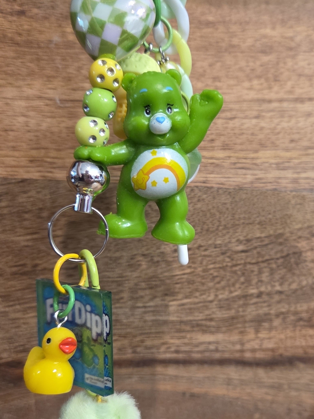 Hand Crafted Lime Green Care Bear Keychain with Yellow Duck Charm
